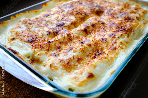 Typical Italian cannelloni with ricotta and spinach just removed from the oven.