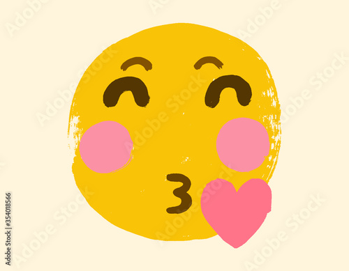 The isolated yellow smiley face with kissing mouth icon. Vector design of love kiss face expression. Doodle grunge hand-drawn symbol. Kissing face with heart emoji.