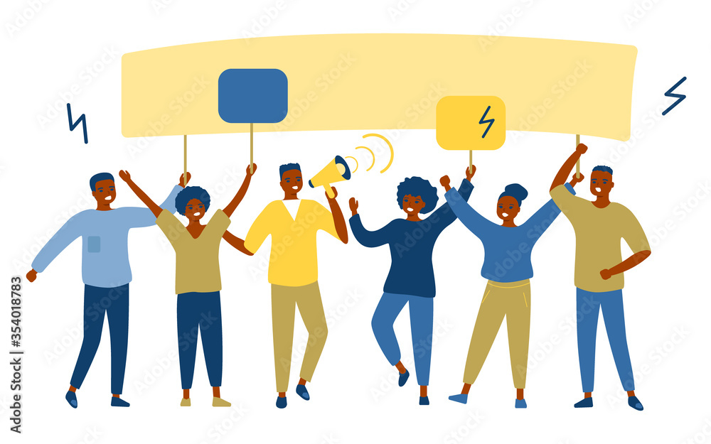 Fototapeta premium Protest of black group of people against. African-American active men and women fight for their rights. Protesting people with slogans and signs, protection of rights. Vector illustration