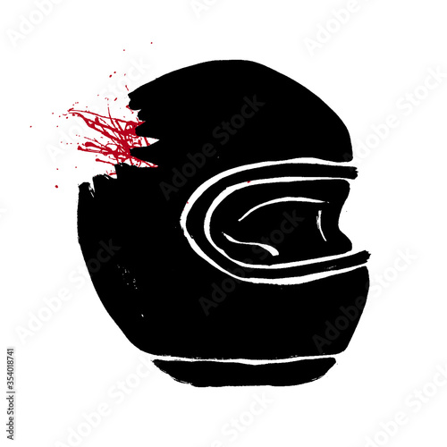 Broken biker helmet doodle icon. Motorcycle accident concept. Grunge hand-drawn illustration of helmet with red blood. Fatal accident with a car vector design.