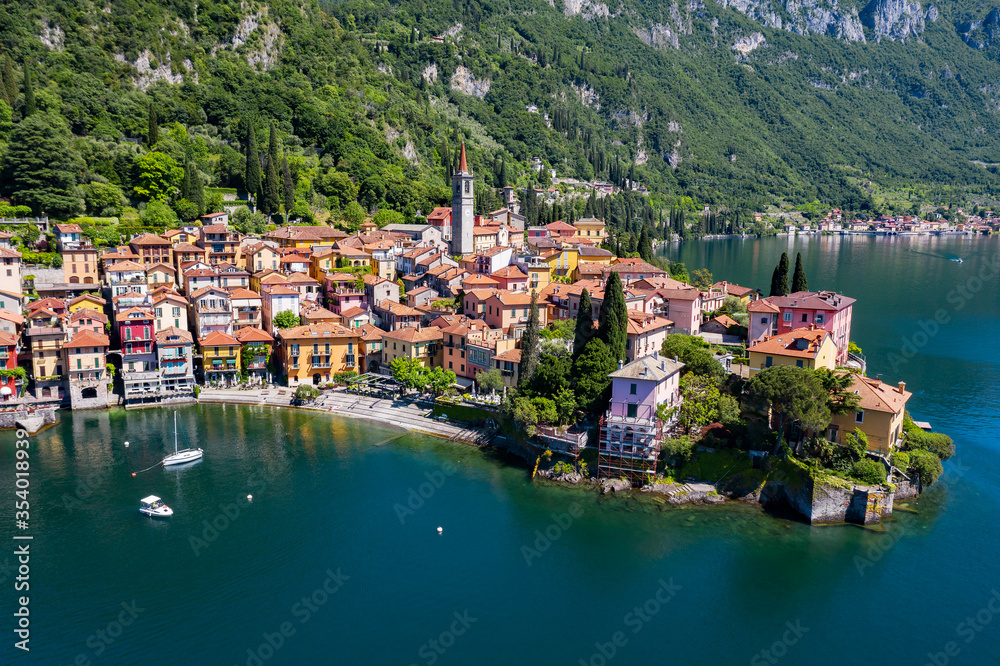 Aerial view of the village of Varenna on Lake Como, Italy