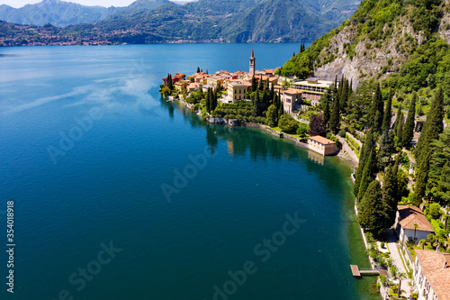 Aerial view of the village of Varenna and Villa Monastero on Lake Como, Italy
