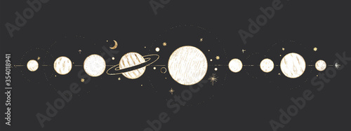 chic golden luxurious retro vintage engraving style. image of the sun and moon phases. culture of occultism. Vector graphics