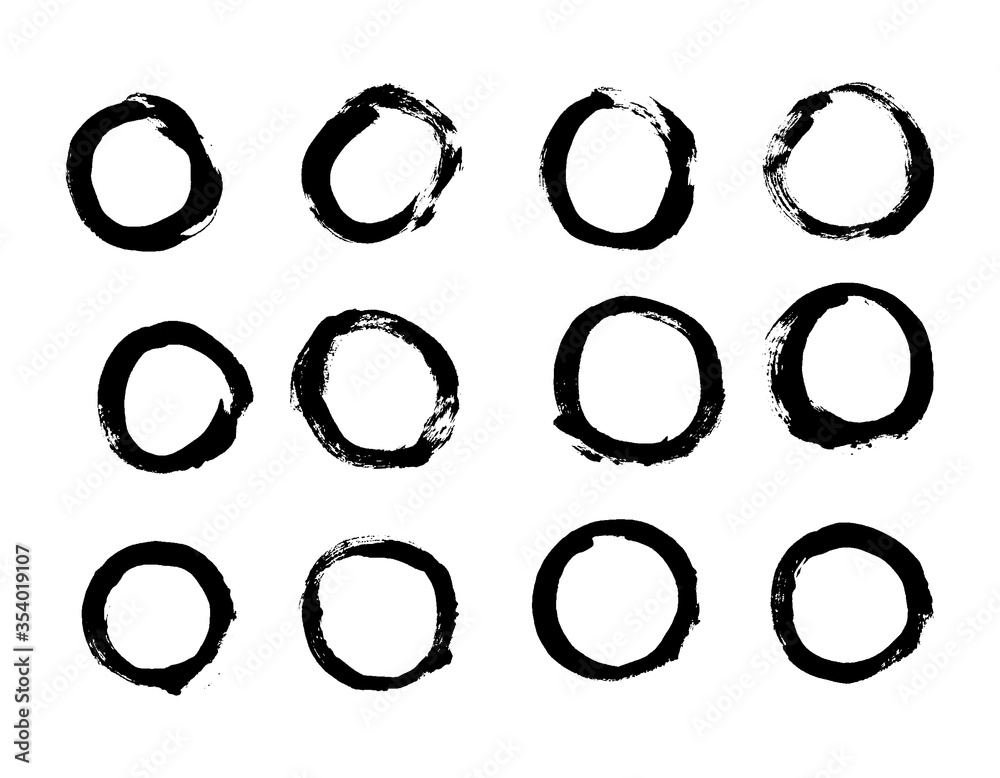 Hand drawn round scribble symbols isolated on white background. Doodle style sketched Elements. Ink blots. Vector Grunge Brushes Stroke. Circle Frame. Logo Design.