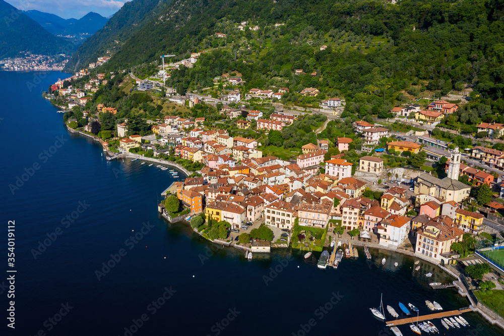 Town of Sala Comacina, Como Lake, Italy, aerial view from the lake