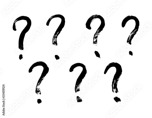 Brush stroke, hand drawn vector question marks. Grunge black and white set.