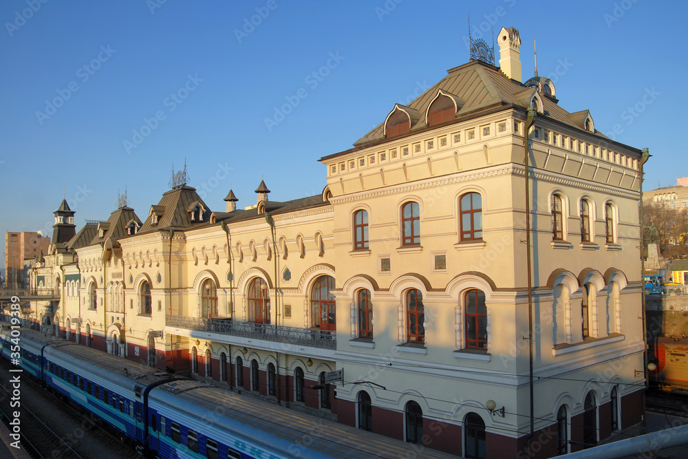 Train station and “Ocean” train. Vladivostok, Primorsky Krai (Primorye), Far East, Russia.