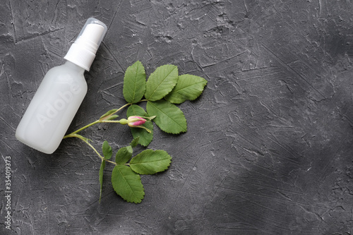 collagen peptides liquid. cosmetic product in a white glass flacon. collagen lotion in a spray bottle on grey background with rose hip bud. collagen lotion for anti age care and anti wrinkle beauty. 