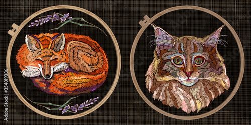 Sleeping red fox, lavender flowers and cat head. Embroidery, funny animals collection. Fashion template tambour frame with a canvas, elements from stitches. Art for clothes, textile