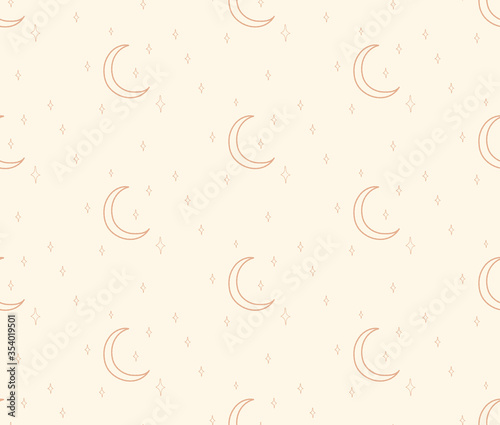 Vector Abstract Line Drawing Cosmic Seamless Pattern with Moon, Stars, Cresce...