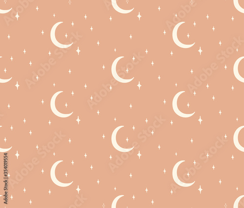 Vector Abstract Line Drawing Cosmic Seamless Pattern with Moon, Stars, Cresce...