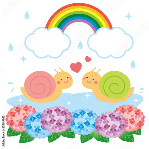 梅雨　カタツムリカップルと虹と紫陽花　イラスト