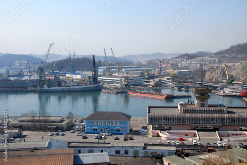 View at the sea port and the sea station. Nakhodka, Primorsky Krai (Primorye), Far East, Russia.