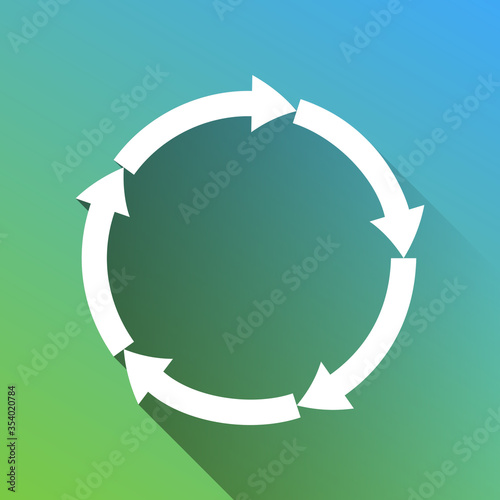 Circular arrows sign. White Icon with gray dropped limitless shadow on green to blue background. Illustration.