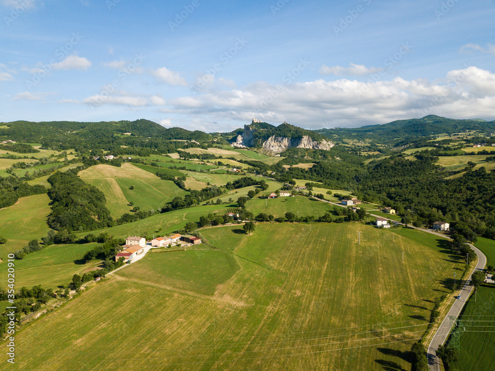 Countryside of Marecchia Valley and in foregrounf the old fortress of San Leo