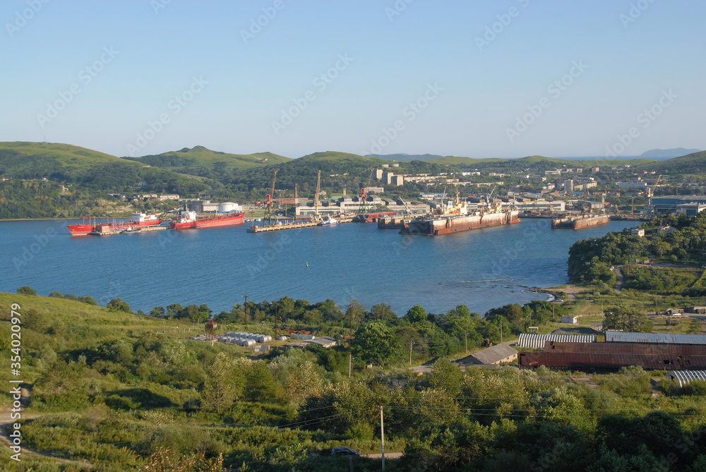 Panorama of Slavyanka town and Slavyanka gulf of Sea of Japan, Primorsky Krai, Far East, Russia.