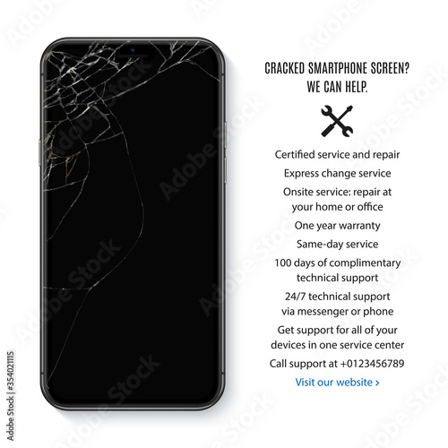 smartphone with cracked touch screen for repair service. realistic and detailed mobile phone mockup isolated on white background. stock vector illustration