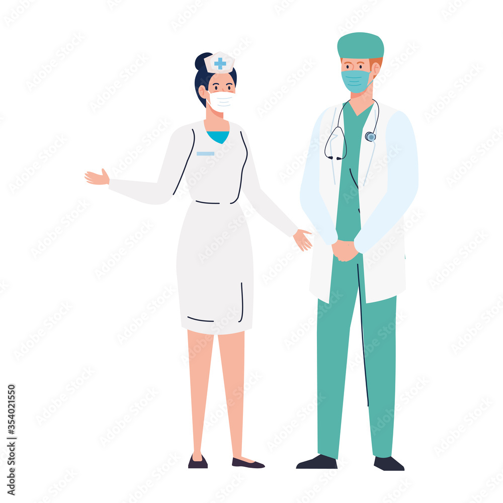 nurse with doctor using face mask during covid 19 on white background vector illustration design