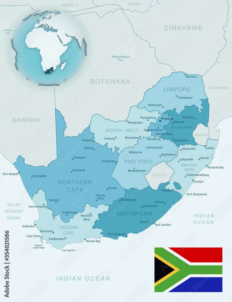 Blue-green detailed map of South Africa administrative divisions with country flag and location on the globe.