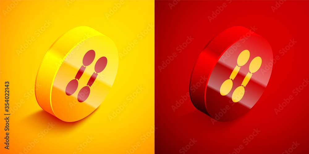 Isometric Dumbbell icon isolated on orange and red background. Muscle lifting icon, fitness barbell, gym, sports equipment, exercise bumbbell. Circle button. Vector Illustration. Isometric Dumbbell icon isolated on orange and red background. Muscle lifting icon, fitness barbell, gym, sports equipment, exercise bumbbell. Circle button. Vector Illustration.