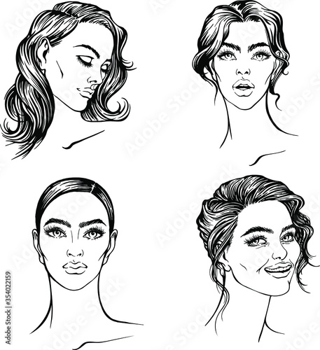 Vector set : different faces of young women. Calm, sad , thoghtful , smiling, surprised. Hand drawn linear black and white sketch