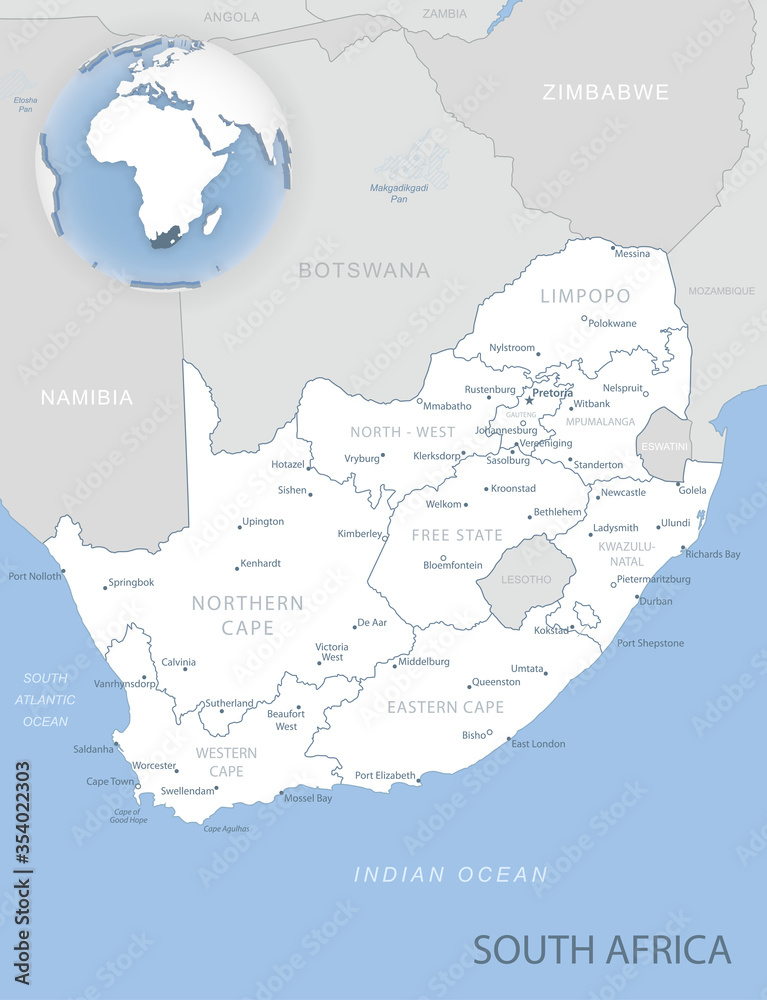 Blue-gray detailed map of South Africa administrative divisions and location on the globe.