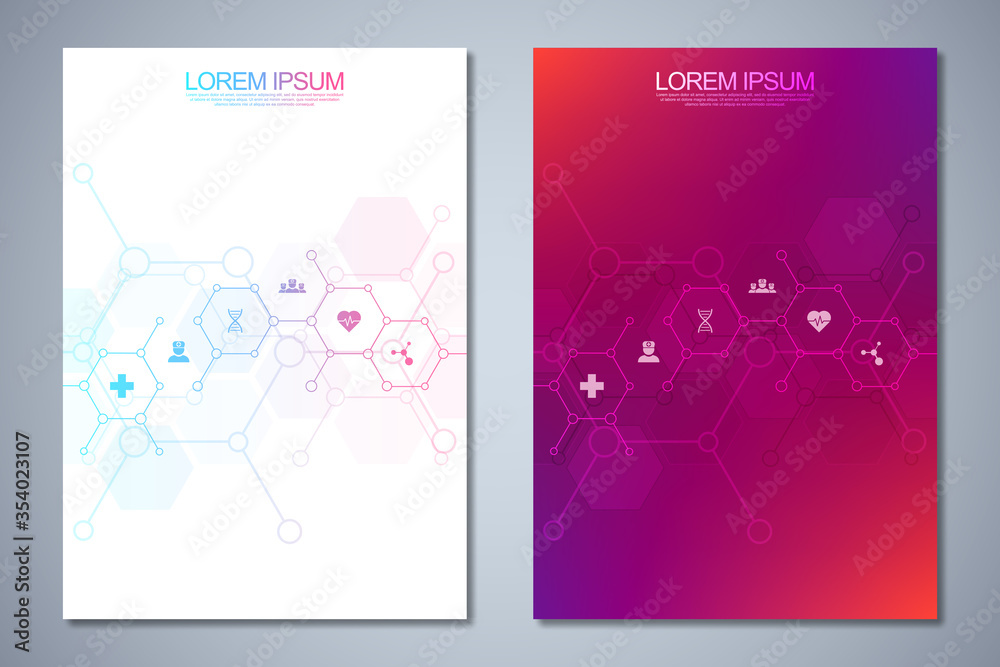 Template brochure or cover book, page layout, flyer design. Concept and idea for health care business, innovation medicine, pharmacy, technology. Medical background with flat icons and symbols. Template brochure or cover book, page layout, flyer design. Concept and idea for health care business, innovation medicine, pharmacy, technology. Medical background with flat icons and symbols.
