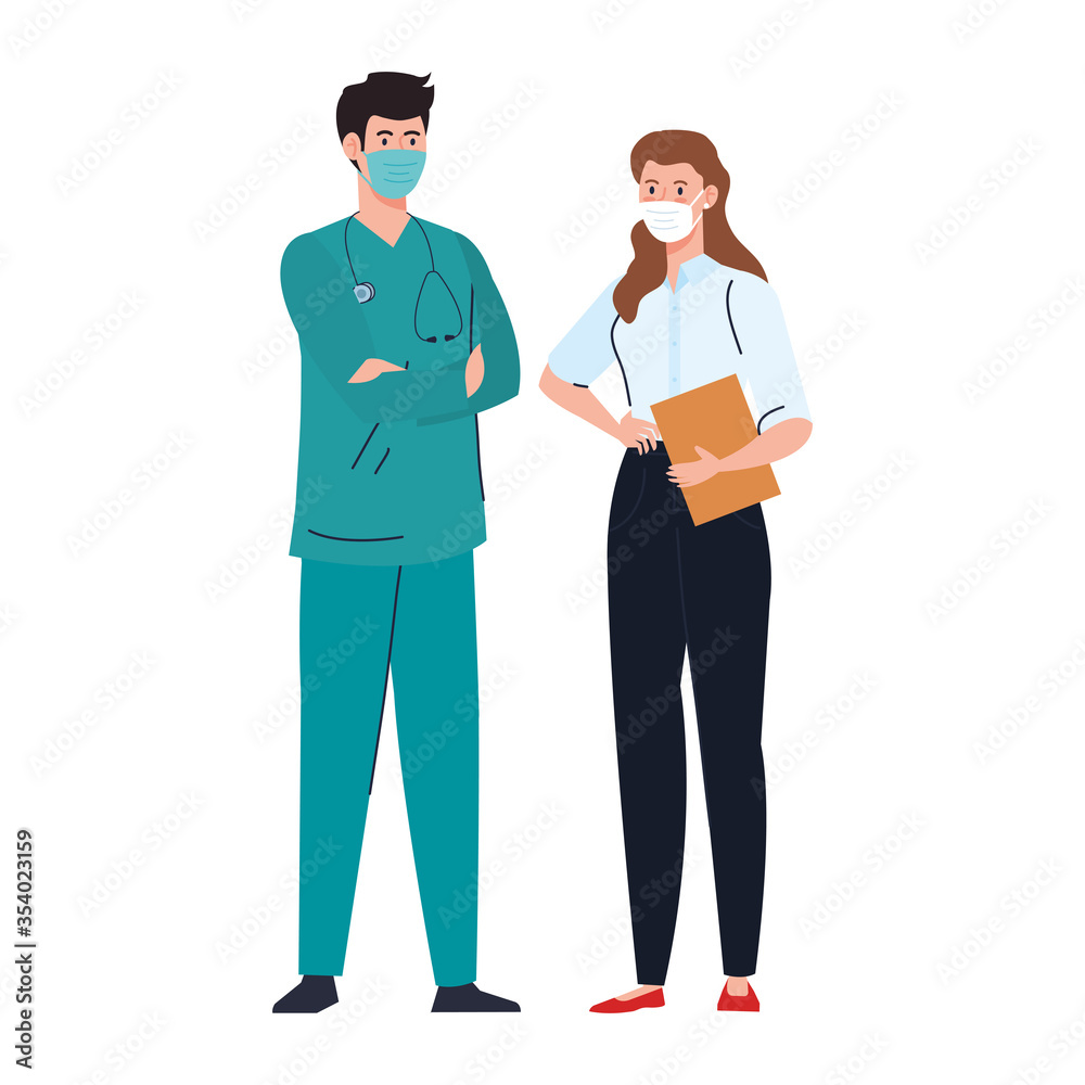 secretary with paramedic using face mask during covid 19 on white background vector illustration design secretary with paramedic using face mask during covid 19 on white background vector illustration design