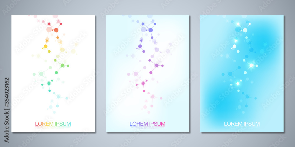 Fototapeta premium Templates brochure or cover book, page layout, flyer design with abstract background of molecular structures and DNA strand. Concept and idea for innovation technology, medical research, science.