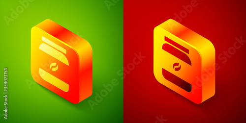 Isometric Coffee jar bottle icon isolated on green and red background. Square button. Vector Illustration.