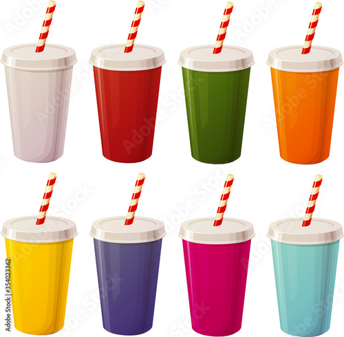 Vector illustration of various fast food take out plastic containers with cold drinks, smoothies, milk shakes or soda isolated on white background
