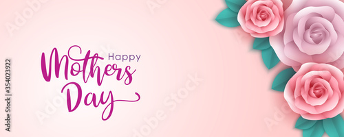 Rose flowers with different colors, and leaves on a pink background. Creative concept of Mother's Day celebration design. Paper Cut Style design