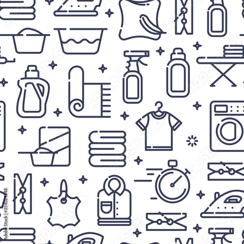Seamless pattern with outline icons of clothes, towels, cleanig chenistry. Background for laundry, dry cleaning. photo