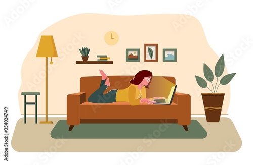 Freelance or studying concept. Remote work. Woman works sitting at home. Girl with computer lies on the couch. Cartoon flat vector illustration.