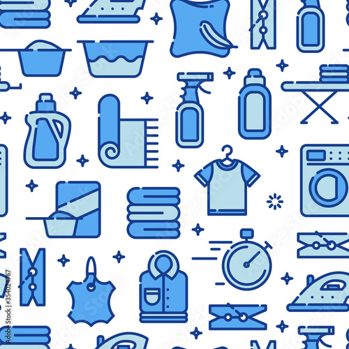 Seamless pattern with outline icons of clothes  towels  cleanig chenistry. Background for laundry  dry cleaning.