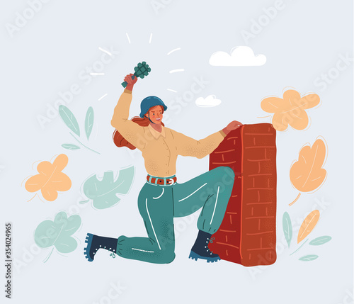 Vector illustration o woman throwing grenade from entrenchment wall.