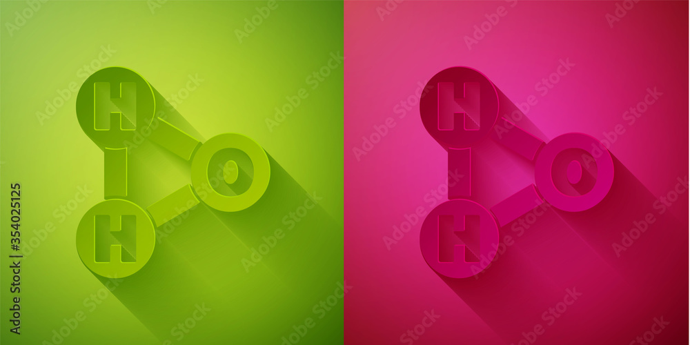 Paper cut Chemical formula for water drops H2O shaped icon isolated on green and pink background. Paper art style. Vector Illustration. Paper cut Chemical formula for water drops H2O shaped icon isolated on green and pink background. Paper art style. Vector Illustration.