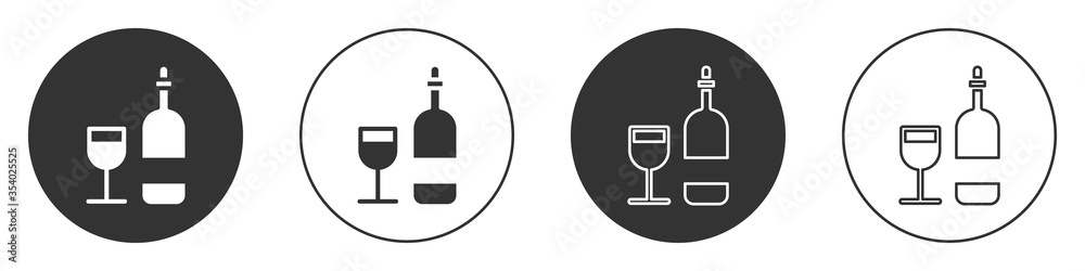 Black Wine bottle with glass icon isolated on white background. Circle button. Vector Illustration. Black Wine bottle with glass icon isolated on white background. Circle button. Vector Illustration.