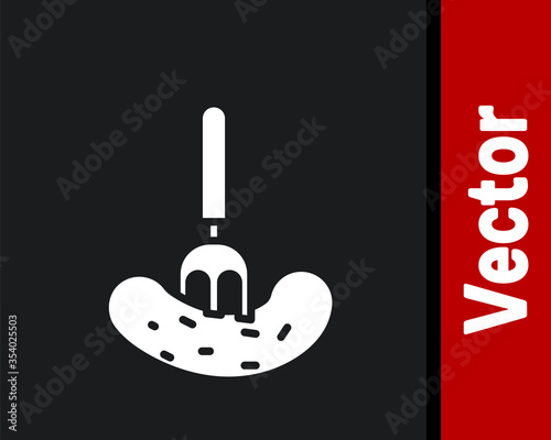 White Pickled cucumber on a fork icon isolated on black background. Vector Illustration.