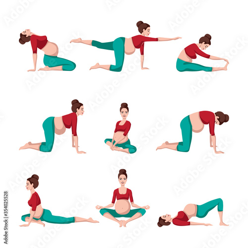 Pregnant females in sportswear while doing yoga. Set yoga for pregnant. Meditation. Relaxation. Vector Illustration in cartoon style isolated on white background.