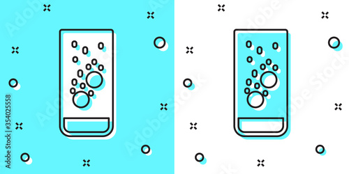 Black line Effervescent aspirin tablets dissolve in a glass of water icon isolated on green and white background. Random dynamic shapes. Vector Illustration.