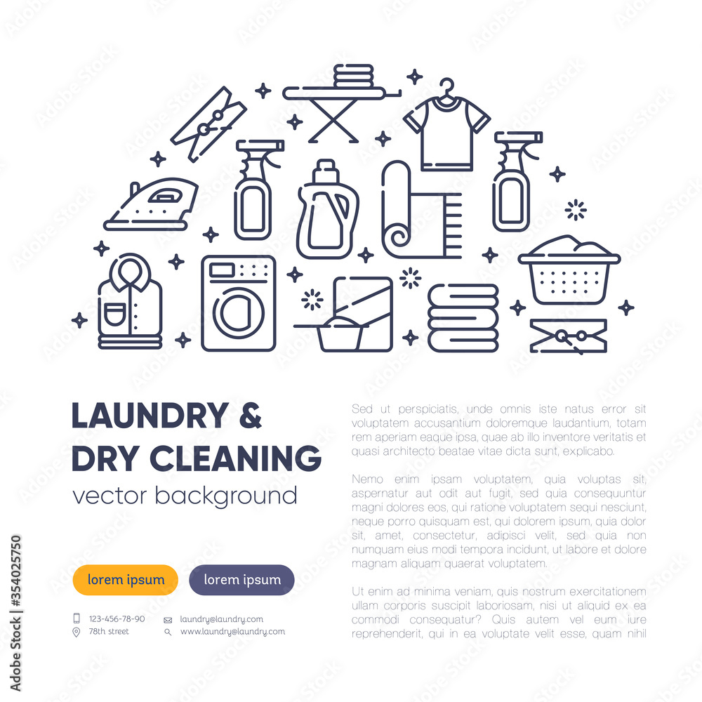 Dry cleaning concept with outline icons for laundry, dry cleaning, housekeeping services. Flat vector design. Modern graphic design. Home appliance. House laundry. Laundry detergent. Copy text space.