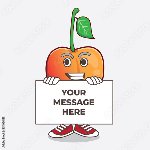 Royal Ann Cherry cartoon mascot character with funny face hides behind a board