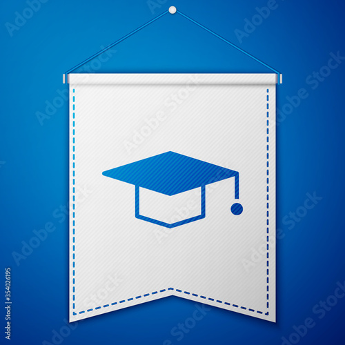 Blue Graduation cap icon isolated on blue background. Graduation hat with tassel icon. White pennant template. Vector Illustration.
