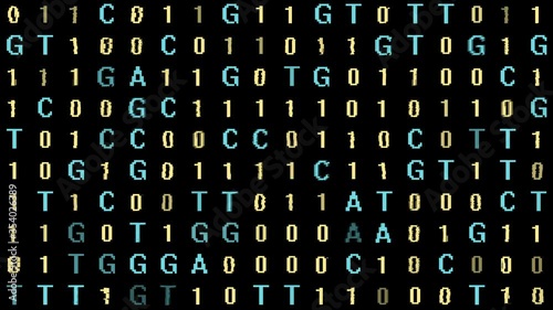 Bioinformatics Genetic DNA Code AGTC into Computer Code - DNA Genome Sequencing Letters Fade to 1s and 0s photo