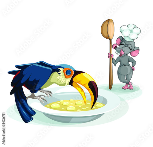 Vector image of a mouse and toucan on a white background engaged in cooking and tasting food. Concept. EPS 10