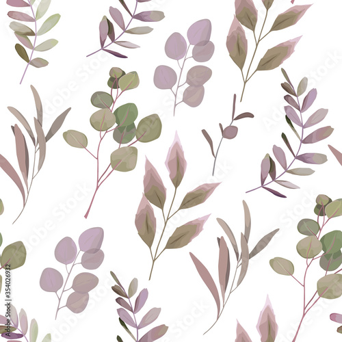 Greenery seamless pattern with eucalyptus branch,  leaves, herb for wedding card, fabric, textile, wrapping. Vector illustration. Watercolor style
