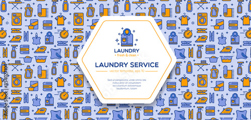 Laundry banner template with logo badge and outline pattern in square form. Card flyer poster illustration with your text for laundry, dry cleaning, housekeeping services.