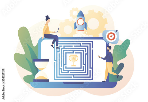 Business maze concept. Business metaphor. Tiny people looking for a way to reach the goal through the labyrinth. Start up. Modern flat cartoon style. Vector illustration on white background