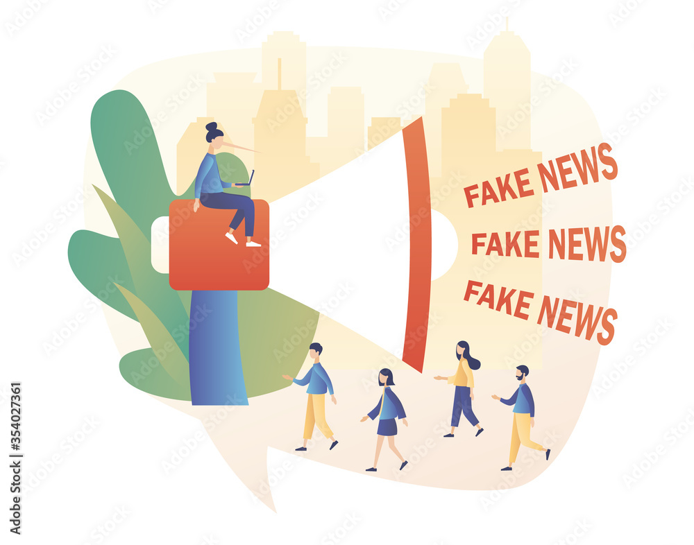 Fake news metaphors. Tiny people and big megaphone with Fake News text ...